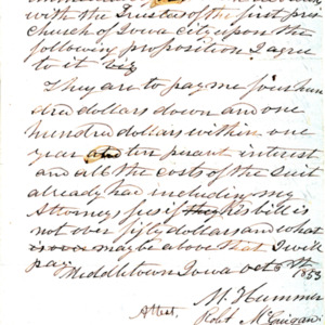 1853 Rev. Hummer’s Proposed Settlement with the First Presbyterian Church