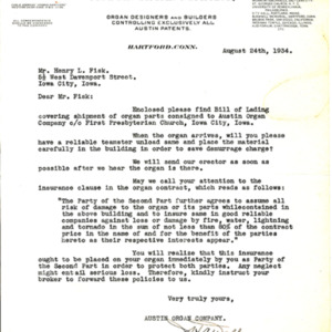 1934 Letter from H.A. Walker to Henry L. Fisk, regarding the shipment of organ parts