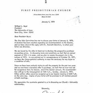 1974 Letter about the sale of the First Presbyterian Church building