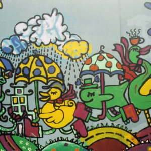 Characters with Umbrellas, ICPL Construction Wall Close-Up