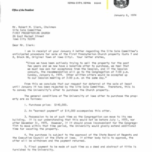 1974 Letter offering to purchase First Presbyterian Church building