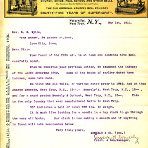 1912 Letter from Andrew Meneely to Rev. Wylie about bells