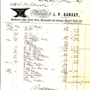 1869 Receipt for hardware from J.P. Sanxay