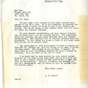 Letter from A.M. McLeod to Max Hess of the Kilgen Organ Company