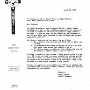 1977 Letter about selling First Presbyterian Church fixtures to Old Brick Associates