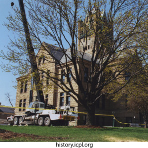 View of Johnson County Courthouse and overturned car