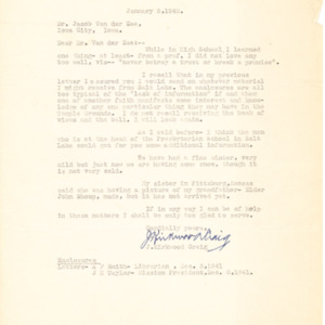 1942 Letter from J. Kirkwood Craig to Jacob Van der Zee