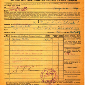 1934 Memorandum for shipment of organ parts from Hartford, CT to Iowa City