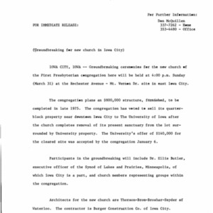 1974 First Presbyterian Church groundbreaking press release