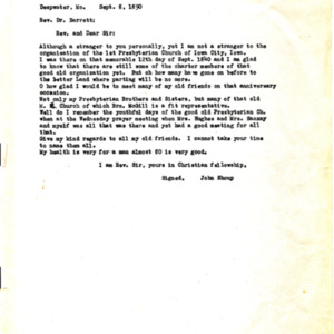 1890 Letter from John Shoup to Rev. Dr. Barrett 