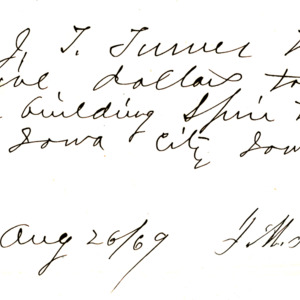 1869 Receipt for building spire at First Presbyterian Church of Iowa City