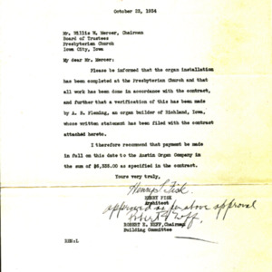 1934 Letter from Henry Fisk to Willis Mercer regarding the installation of the new organ in the Church