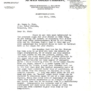 1934 Letter from HA Walker of the Austin Organ Company to Henry Fisk regarding special features and attributes of Austin Organs