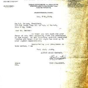 1934 Letter from BG Austin to WW Mercer of the First Presbyterian Church regarding the receipt of payment and invoice for the new organ