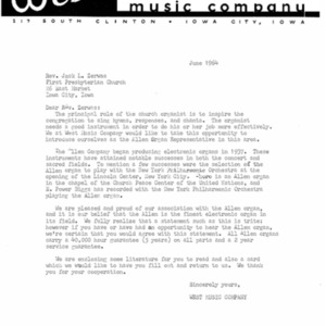 1964 Letter from West Music Company to Rev. Zerwas